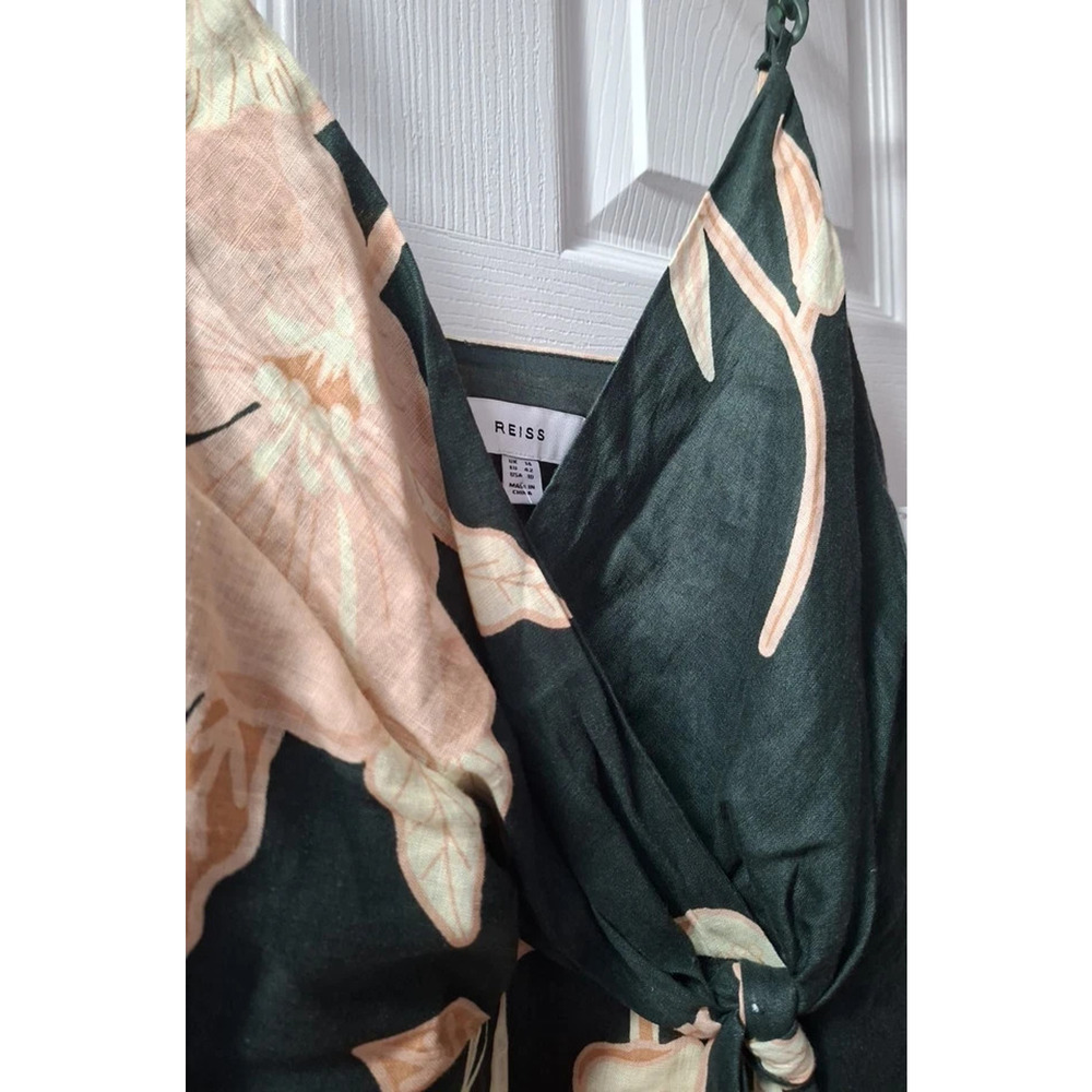 Reiss Alice Fitted Green Floral Linen Chain Strap Midi Dress Size 4 Wrap New - Picture 13 of 16